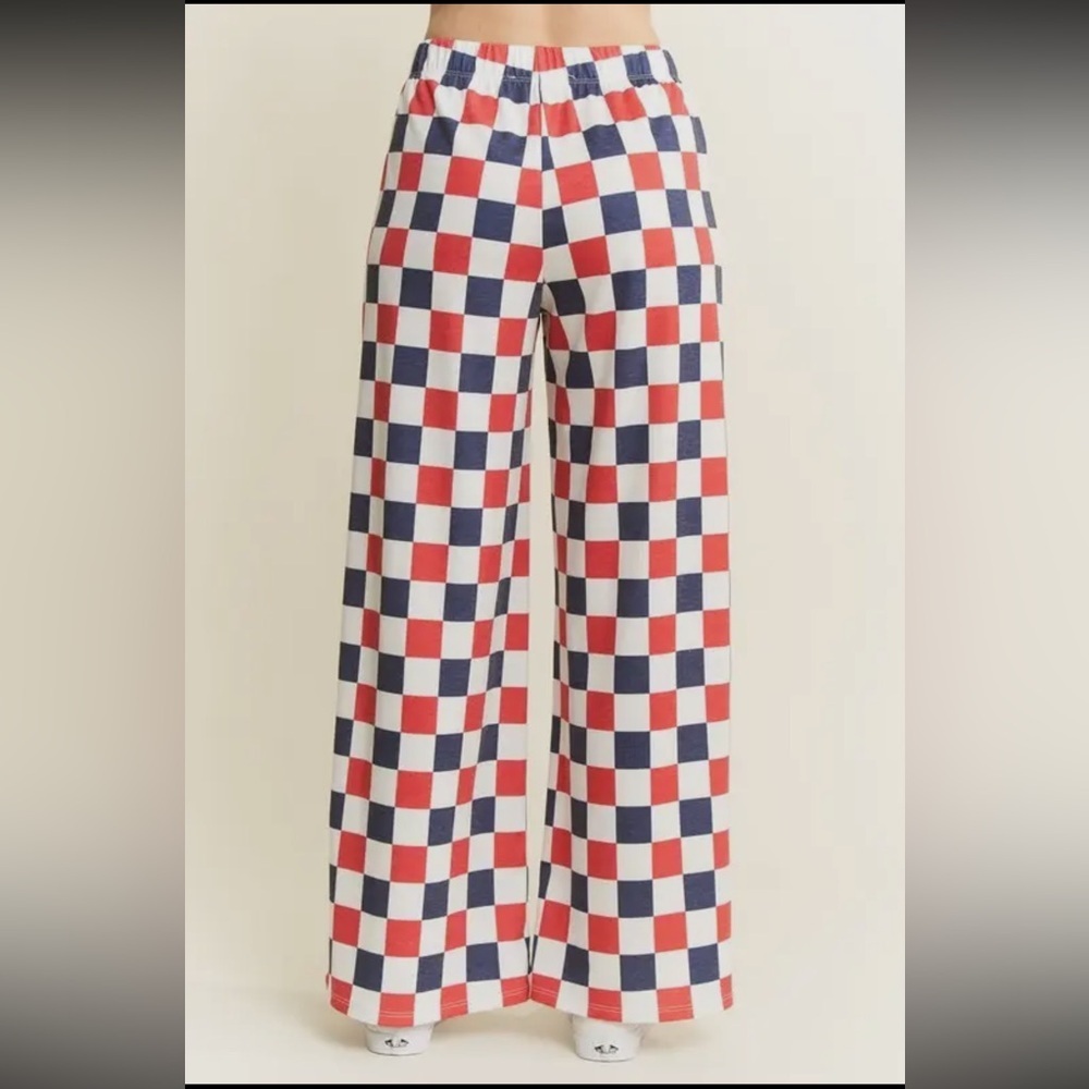 Wide Leg Checkered Pants in Red, Navy & White